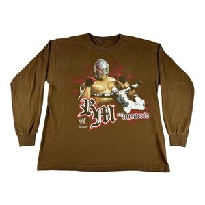 Vintage Y2K WWE WWF Rey Mysterio Wrestling Long Sleeve Shirt Size Medium Brown